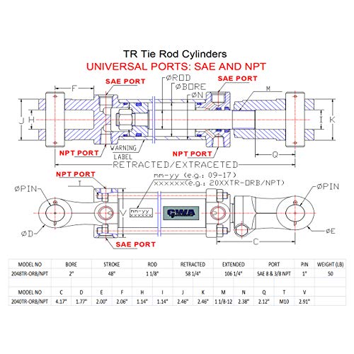 Image of TR Tie Rod Cylinder 2 inch Bore x 48 inch Stroke x 1 1 /8 inch Rod x 2500 PSI - Port: SAE 8 and 3 /8 NPT