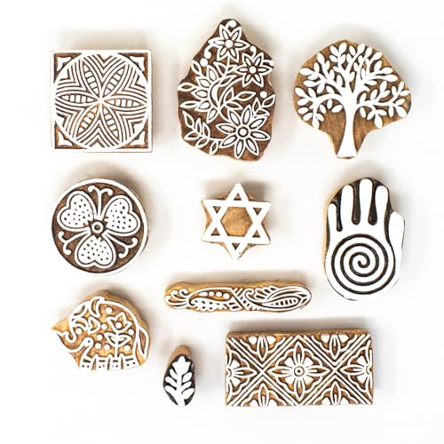 Image of Wooden Stamp Block, Printing Stamp Design Set | Block for Printing Saree Border | Dresses, Craft Card Making, Scrapbook, Clay Pottery | Set of 10