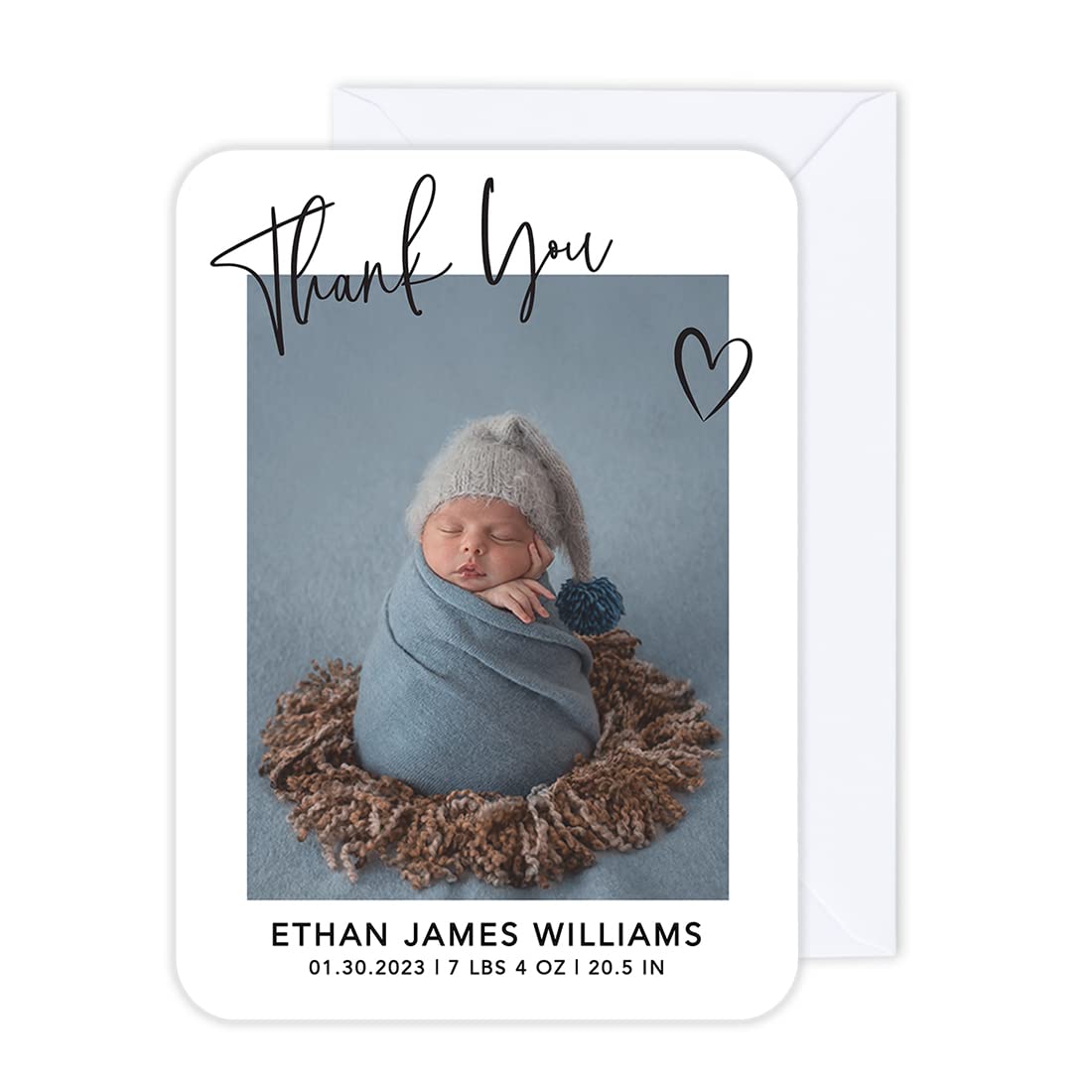 Andaz Press 24 Pack Personalized 5x7 Inch Baby Photo Announcement Cards with Envelopes, Minimal Thank You Custom Baby Birth Announcement Stat Cards Reveal Newborn Photo Birth Card