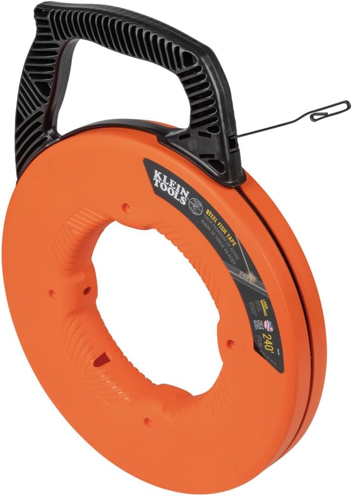 Klein Tools 56334 Electrical Fish Tape, 240-Foot Steel Wire Puller with Double Loop Tip, Optimized Housing and Handle, For Heavy Duty Wire Pulls