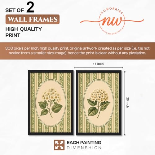 Image of NoWorries Vintage Botanical Wall Art Set of 2 Framed Floral Prints for Living Room Bedroom Office | Green Cottagecore Wall Decor with Wooden Frame (Art-6, 17x25inch)