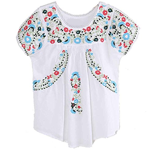 Kafeimali Women's Peasant Tops Mexican Blouse Colorful Flowers Embroidered Boho T Shirt (White)