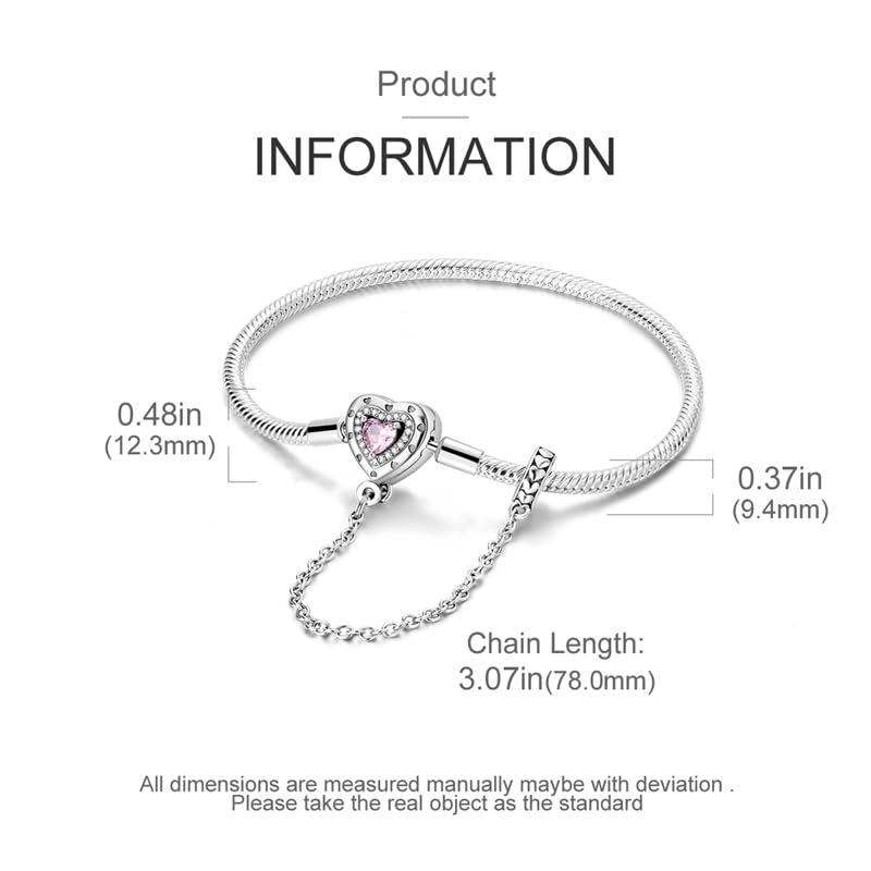 Image of 925 Sterling Silver Snake Chain Bracelets Fit Pandora Charms,Heart Clasp Bracelets Perfect For Any Glamour Gift for Women with 5 A Cubic Zirconia