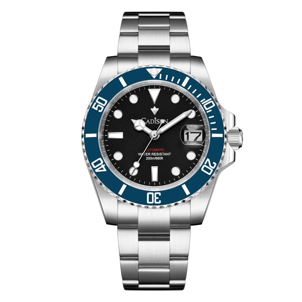 CADISENMen's Automatic Watch with Power Reserve GMT Stainless Steel Sapphire Glass Waterproof Watch Men