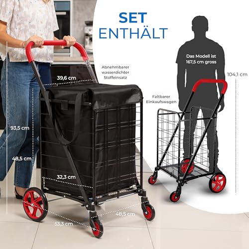 SereneLife Einkaufswagen, Einkaufstrolley Klappbar, Shopping Cart mit 50L Kapazität, Einkaufstrolley Treppensteiger aus Metall mit 360° Schwenkbare Räder & Abnehmbare Tasche, Rot – Bild 4