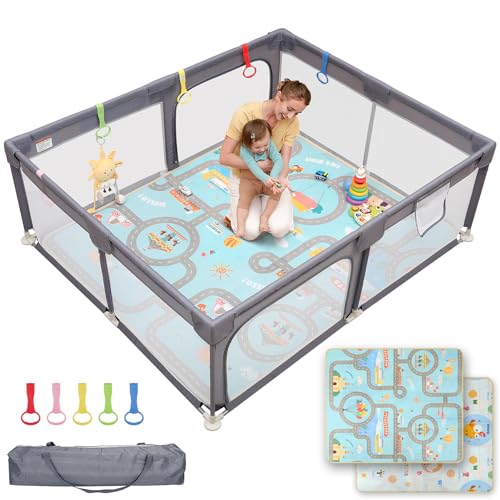 Image of Dripex Baby Playpen with Mat, 71 inchx59 inch Large Play Pen for Babies, Grey | Included Waterproof Mat /Portable Bag /Pull up Rings, Breathable Visible Mesh, Easy Setup, Indoor /Outdoor Use