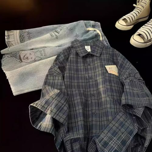 Mens Plaid Short Sleeve Teens Harajuku Vintage Aesthetic Baggy T-Shirts2