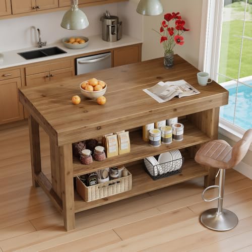 TRIBEWOOD 55' Solid Wood Kitchen Island with Storage, Farmhouse Kitchen Island Table with 3-Tier Open Shelves and Large Countertop for Kitchen, Dining & Living Room, Natural Oak
