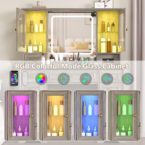 Image of Makeup Vanity Desk with Mirror and Lights, Farmhouse Vanity Table Set with 6 Drawer&Charging Station, Makeup Table with RGB Cabinets, Grey Vanity with Lighted Mirror for Girls Women, 3 Light Modes