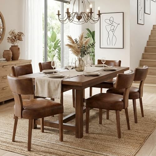 Image of HNY Century Modern Dining Chairs Set of 6, Farmhouse PU Leather Upholstered Accent Chair Curved Backrest Kitchen Chairs, with Hardwood Frame, Brown 6PC