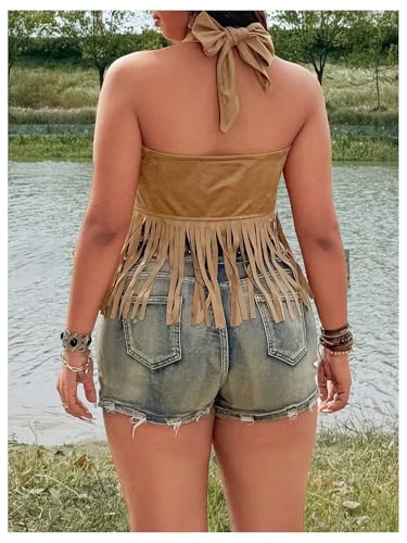 Women's Plus Size Tassel Halter Crop Tops Boho Hippie Fringe Tie Backless Cowgirl Tank Shirt 1970s Outfits2