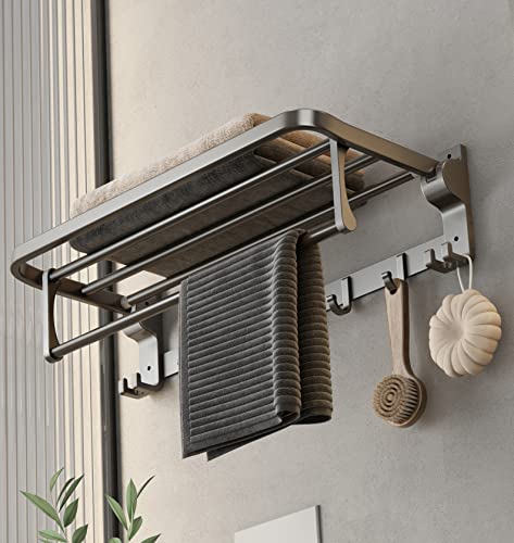 Mustorn Bathroom Towel Rack With Towel Bar And Hooks 23.6 In Foldable Towel Shelf Wall Mounted Lavatory Towel Organizer Modern Gray Finish #TOP7