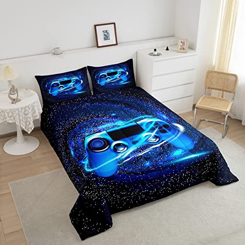 Feelyou Games Comforter Video Game Gaming Comforter Set For Kids Boys Girls Gamer Blue Galaxy Swirl Bedding Set Gamepad Action Buttons Decor Quilt Set With 2 Pillowcases 3Pcs Bedding Queen,Reversible #TOP4