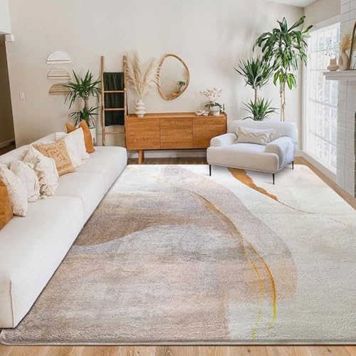 Cinknots Teppich Wohnzimmer Kurzflor Pflegeleicht,Anti-Rutsch Rückseite,Moderne Vielfarbiges Design,Passend für Wohnzimmer,Schlafzimmer,Braun/Gold,200 x 250 cm