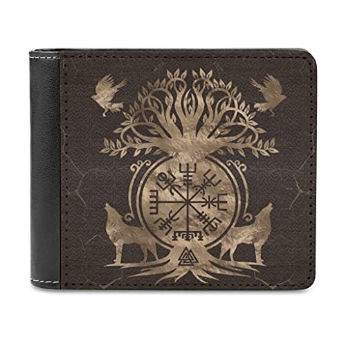 Mens Wallet Billfold Card Holder Viking Wolf Bird Compass Tree Bifold Wallet Purse PU Leather Minimalist Wallet
