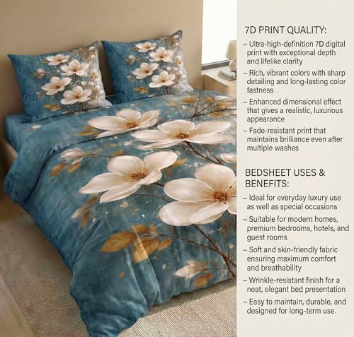 Image of SANMARINO 300 TC Cloud Cotton Pixel 7D King Size Bedsheet with 2 Pillow Cover | Premium 7D Floral Printed Bedding Set | Ultra Soft & Breathable | 108x108 Inch | Azure Magnolia Royal Bloom