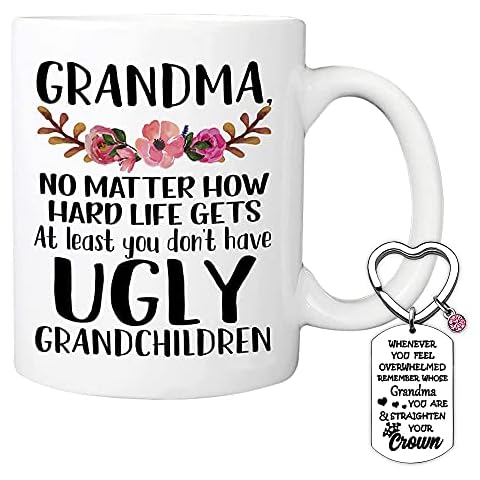 caicainiu Grandma Gift Coffee Mug for Women, Funny Novelty Ceramic Coffee Mug and Keychain Keyring for Grandmother from Granddaughter Grandson, Birthday, Christmas Tea Cups Gift for Grandma Cover