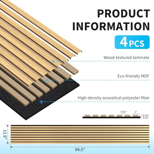 Image of Art3d 94.5 x 12.8 Inch Soundproof Wood Textured Wall Panels, 4-Pack, Oak