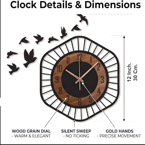 Image of DIY Modern Bird Analog Wall Clock for Hall and Living Room - Silent Non-Ticking Sweep Movement, Stylish Vintage Decorative Wall Watch for Home, Office, and Bedroom 12-Inch Black