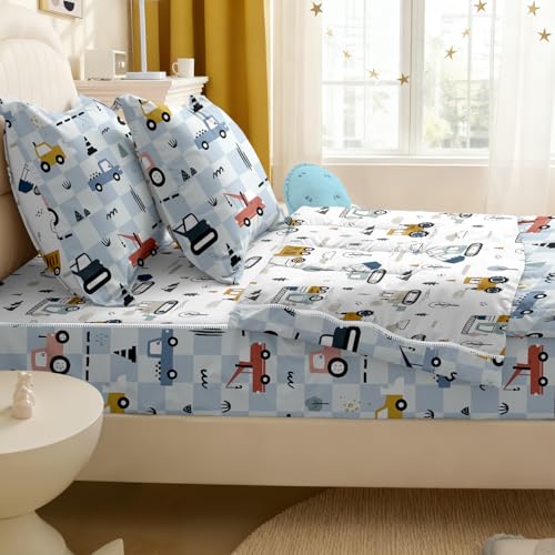 Image of Kids Comforter Set,Zipper Bedding Twin for Boys,Construction Printed Comforter Set with Tractor Fitted Sheets and Pillowcases for All Season(Truck)