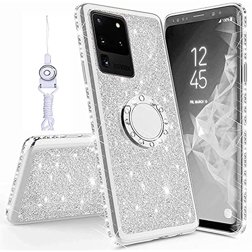 Shinyzone Compatible with Samsung Galaxy A52 5G Sparkle Case for Women Girls,Slim TPU Bling Glitter Diamond Rhinestone Bumper Case with Ring Kickstand and Detachable Lanyard Strap,Silver