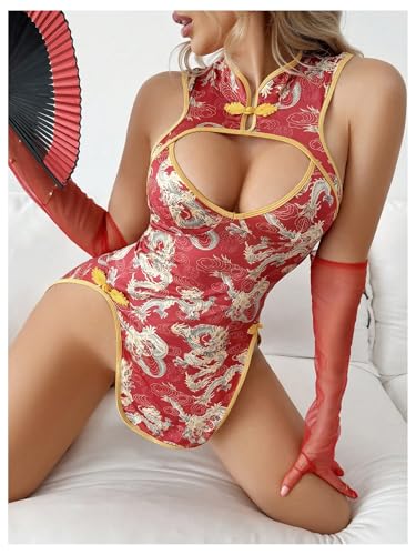 Womens Dragon Print Cheongsam Lingerie Dress Qipao Costume Outfit - Image 5