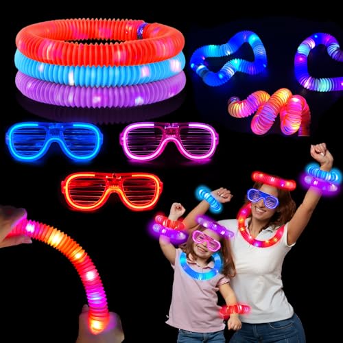 New Years Eve Party Supplies 6 PCS, NYE Glow Glasses & Light Up Pop Tubes, Glow in the Dark Sticks Party Favors Toys Gift Stocking Stuffers for Kids, LED Bracelets Necklaces & Neon glasses Accessories
