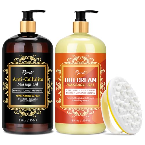 Pjordo Anti Cellulite Massage Oil & Hot Cream Set with Massager, Natural Cellulite Remover, Oil & Massager for Legs Arms and Butt, Firm, Tighten & Moisturize Skin Soothes Muscles (8 Fl Oz)