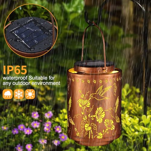 Image of 2 Pack Solar Lanterns Outdoor Waterproof Garden Decor Birthday Gifts for Women Mon Grandma Metal Hanging Solar Lights Decoration for Outside LED Lanterns for Yard Patio(Hummingbirds)