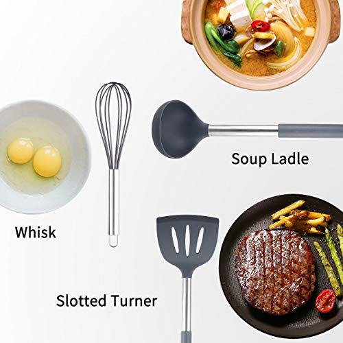 Silicone Cooking Utensils Set, COPLIB Kitchen Utensils|35 Pcs Cooking Utensils Set with holder, Non-stick &Heat-Resistant Cookware with Stainless Steel Handle - Gray - Thumbnail 3