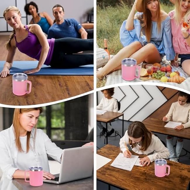 12 oz Insulated Tumbler with Lid and Handle for Hot and Cold Drinks, Cold Iced Travel Coffee Mug no Spill for Adults, Reusable Stainless Steel Water Cup Thermal for Kitchen Outdoor, Pink