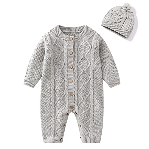 Image of JunNeng Baby Newborn Cotton Knitted Sweater Romper Longsleeve Outfit with Warm Hat Set