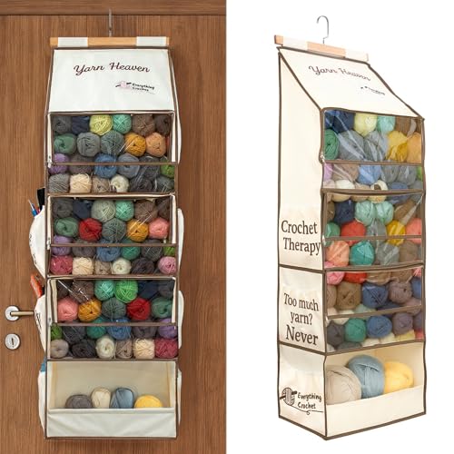 Everything Crochet Yarn Heaven Storage Organizer Over The Door & Closet Hanging Yarn Bag for Crochet & Knitting Skein Holder Holds 200+ Skeins with Clear Pockets for Yarn Stash Hooks & Needles