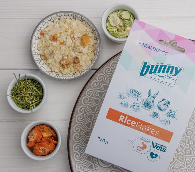 Bunny Riceflakes | 120g | Ergänzungsfuttermittel für Zwergkaninchen & Nagetiere | Kann unterstützend wirken als Schonkost bei Verdauungsproplemen | Bei Magen-Darm-Problemen