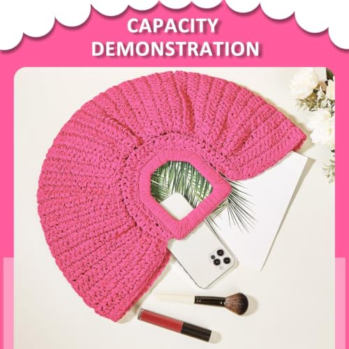 Image of Straw Bag, Beach Bags for Women, Pink Tote Bag, Semi-Circular Woven Beach Hand Bag Handmade Rattan Handbag for Vacation Travel Daily (Hot Pink) | Handmade Natural Straw Bag, Lightweight Large Capacity,Gift for Women,Beach Camping Travel Camping and Dating