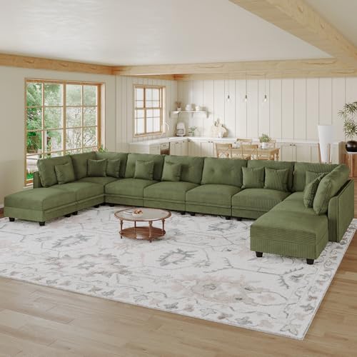 Image of LLappuil 10 Seater Sectional Sofa with Storage, Corduroy Modular U Shaped Couch with 10 Throw Pillows, Pet-Friendly Sofas for Living Room & Large Space, Reconfigurable, Green