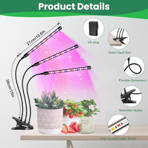 Image of Garpsen Led Grow Light, 2PCS 3 Heads Full Spectrum Clip Plant Light for Indoor Plants, 120 LEDs Grow Lights, with 3 Switch Modes & Auto ON /Off 6 /12 /16H Timer, 5 Dimmable Levels (Red Blue Warm White)