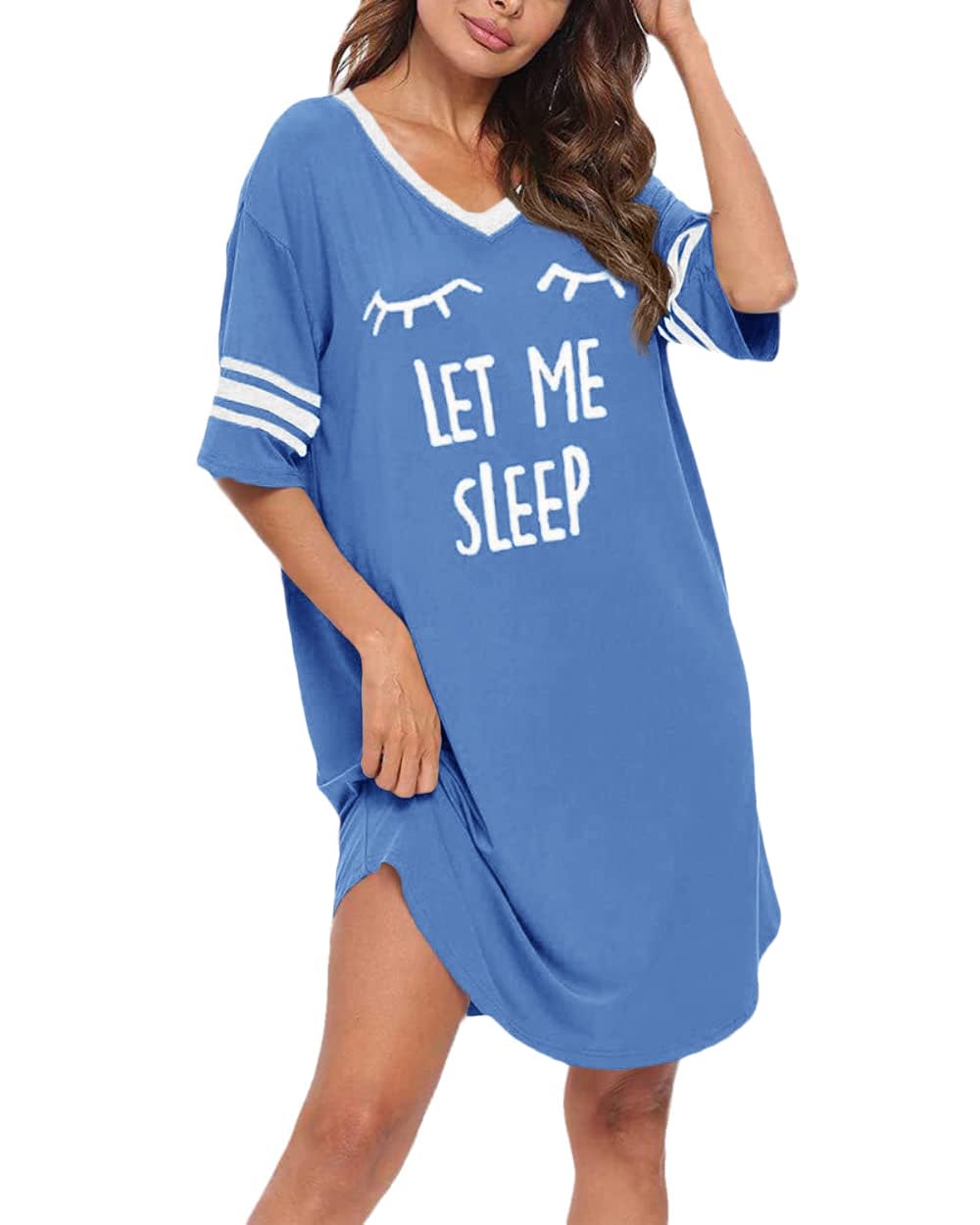 Cicy Bell Damen V Ausschnitt Kurzarm Oversized Nachthemd Schlafshirt Printed Gestreift Nachtwäsche mit Grafik Printed