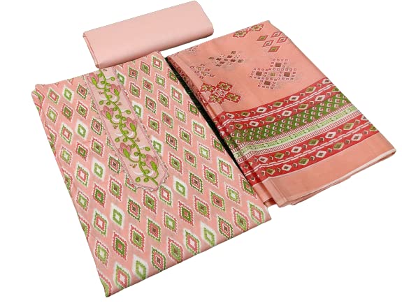 GFPure Cotton Ikat Printed Dress Material, Salwar Suit for Women (Free size, up to 3XL) (Peach Color)