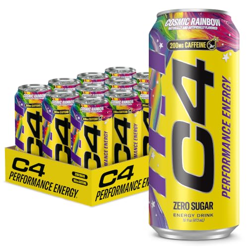 C4 Performance Energy Drink Cosmic Rainbow, Zero Sugar Carbonated Preworkout Energy, 200mg Caffeine with Beta Alanine, 16 Fl Oz (12 Pack), Packaging May Vary