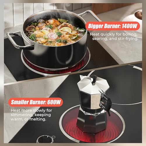 Image of 2 Burner Electric Cooktop - 12 Inch Plug in 110V Electric Cook Top Two Burner, Built-in & Countertop Ceramic Stove Top with Knob Control, 9 Power Levels and Overheat Protection (Silver Knob)