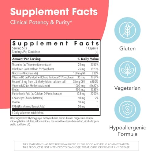 Image of MethylPro B-Complex + L-Methylfolate 15 mg - Methylated Vitamin B Complex for Women and Men, Cellular Energy Support with Folate, Niacin and Biotin, VIT B Supplement - 30 Vegan Capsules (Pack of 1)