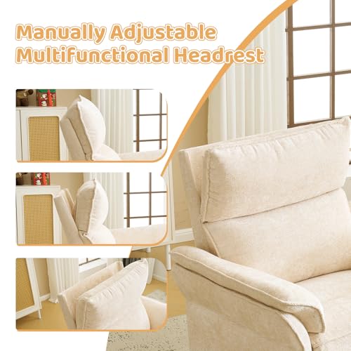 Image of Swivel Rocker Recliner with Adjustable Headrest,Upholstered Glider Rocker Recliner with Overstuffed Armrest,Manual Recliner Nursery Chair for Living Room,Beige