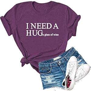 Dauocie Women's I Need A Huge of Wine Letter Print Short Sleeve Shirt Casual Novelty Humor Graphic Glass, Purple, Large