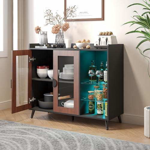 Kurufurt Sideboard Buffet Cabinet with Storage, Modern LED Coffee Bar