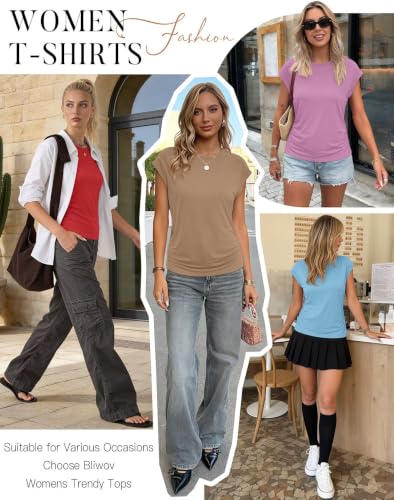 Image of Bliwov Womens Summer Tops Cap Sleeve Crew Neck Casual T Shirts