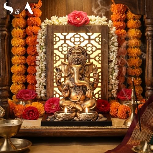 Image of S & A Antique Ganesha Idol with Backlit Design - Decorative Showpiece for Home & Office Decor | Includes Diya & Pebble Arrangement | Festive & Gifting Accent | 23.5 cm