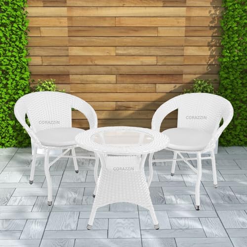 Image of Rattan Wicker Garden Patio Seating Chair and Table Set for Outdoor Balcony Garden Coffee Table Set Furniture with 1 Table and 2 Chair with White Cushion (White)