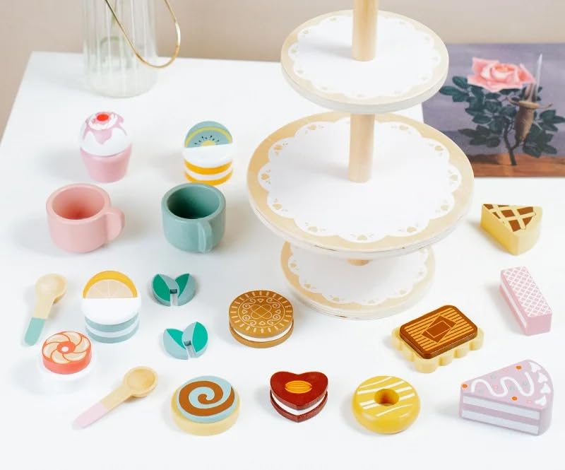 Image of Wooden Afternoon Tea Party Set for Kids- Includes Pastries- Cookies- Cake Rack- Cups & Spoons- Children's Food Play-Kitchen Accessories
