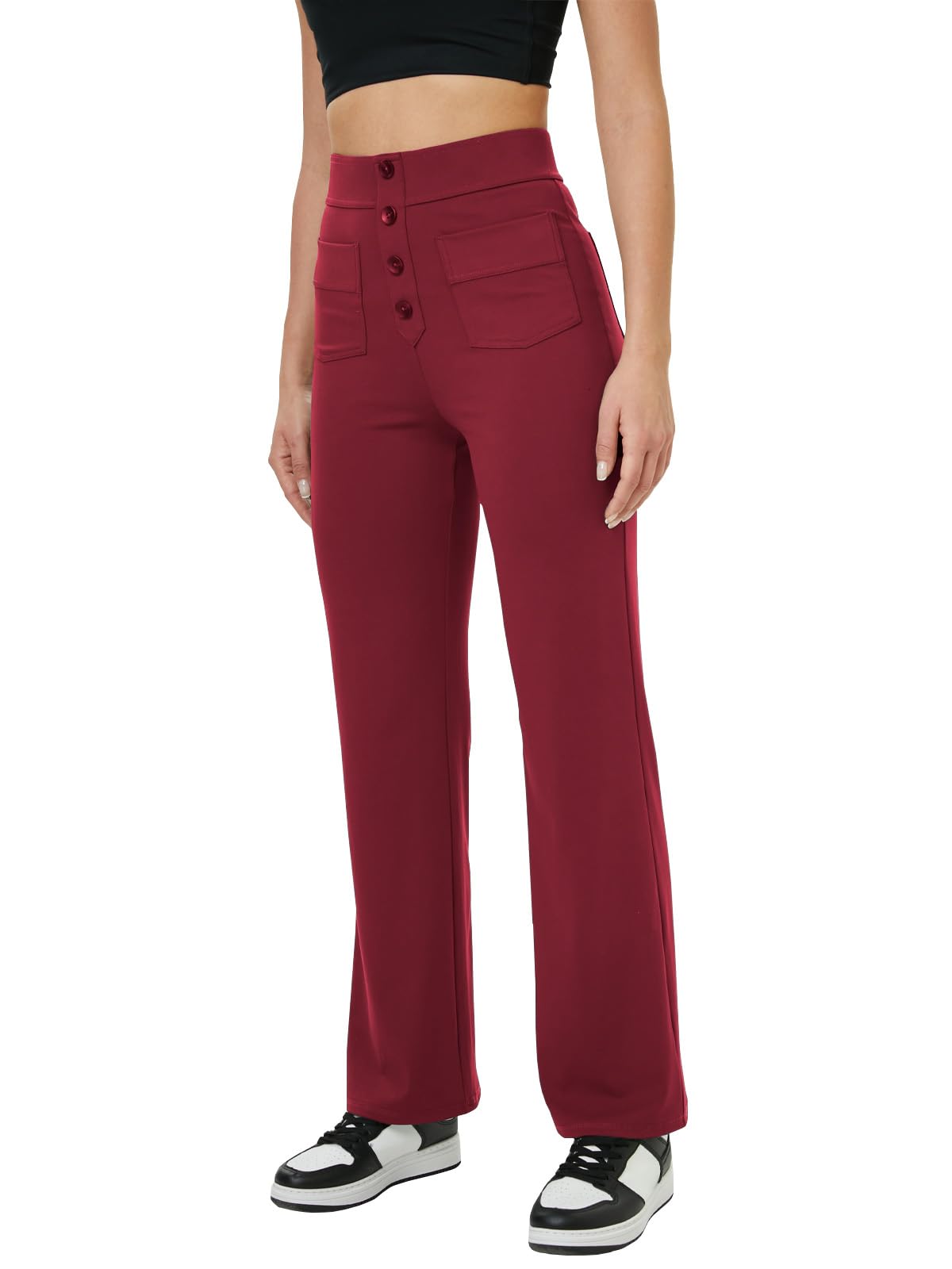 keriffe Women's Straight Leg Pants High Waisted Button Stretchy Business Work Dress Casual Trousers Multiple Pockets: Small Wine Red